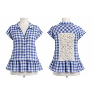 Free People Top Womens L Blue Gingham Plaid Crochet Boho Coastal